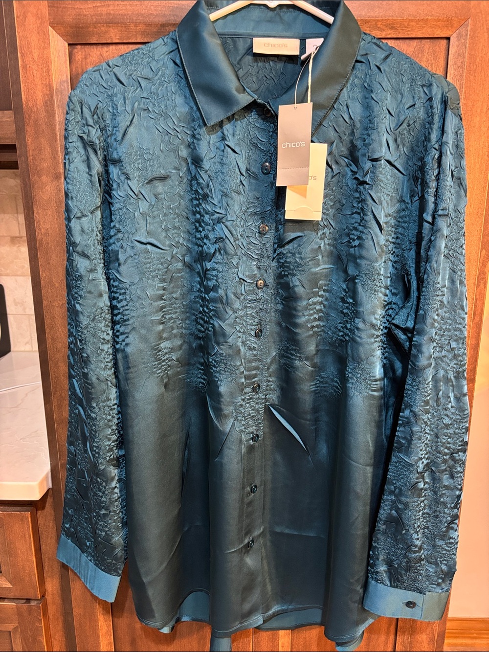 Chico’s Teal Jacquard Collared Button Down Crinkle Blouse Jewel Tone Size 2